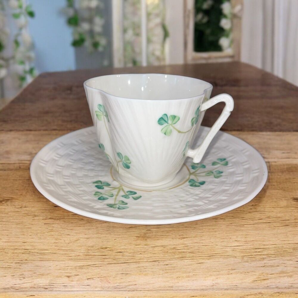 Vintage Belleek Shamrock Scalloped Teacup and Saucer 6th Green Mark 1965-80